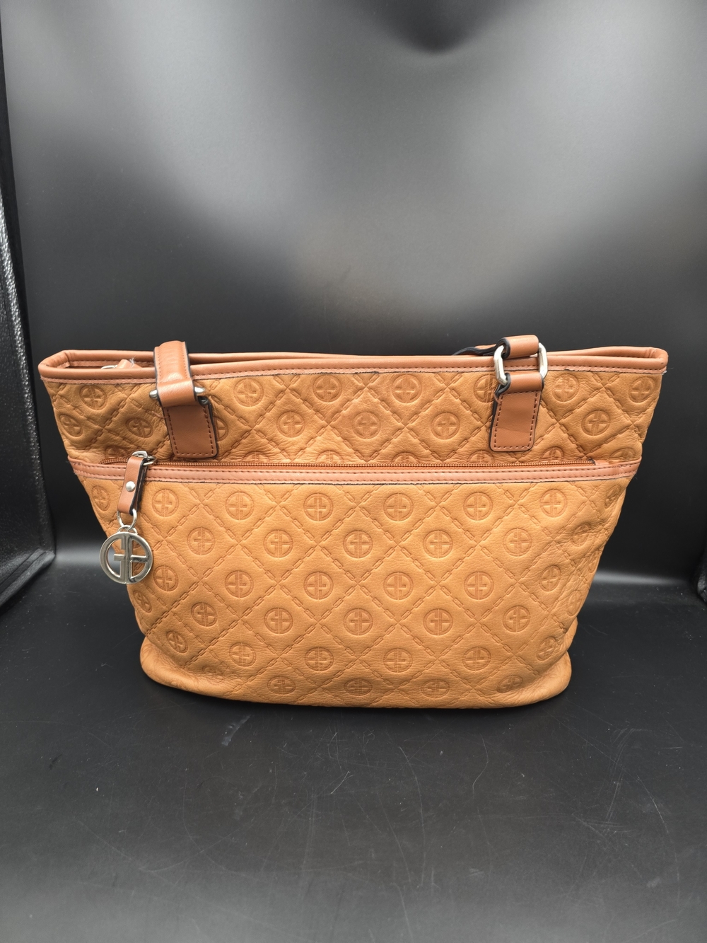 Giani Bernini Quilted Tan Tote with Front Zip and Charm